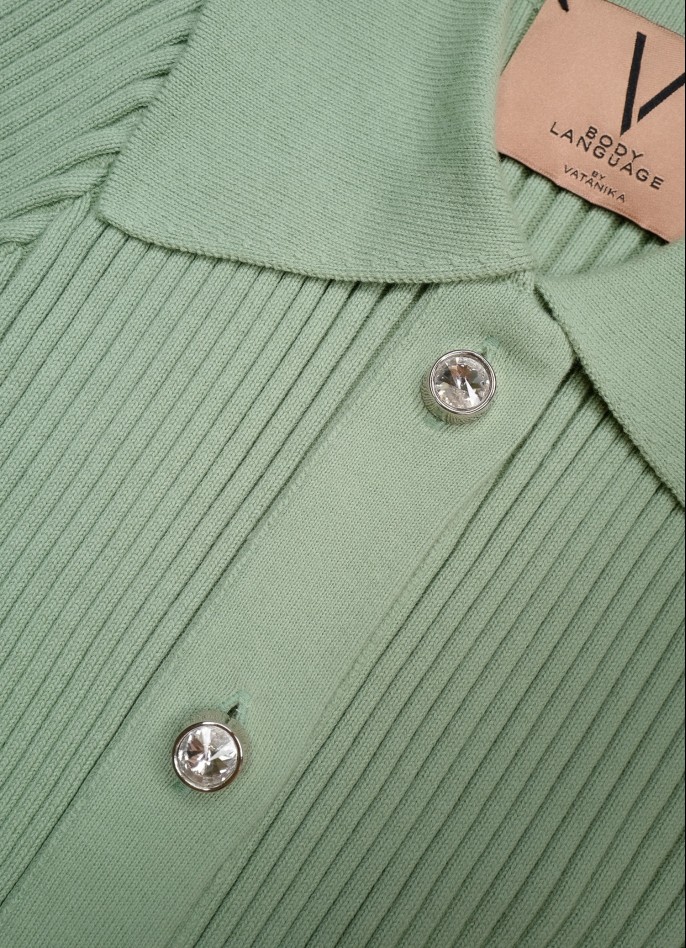 RIBBED KNIT SHORT-SLEEVE MINI SHIRT DRESS WITH DIAMANTÉ BUTTONS - GREEN